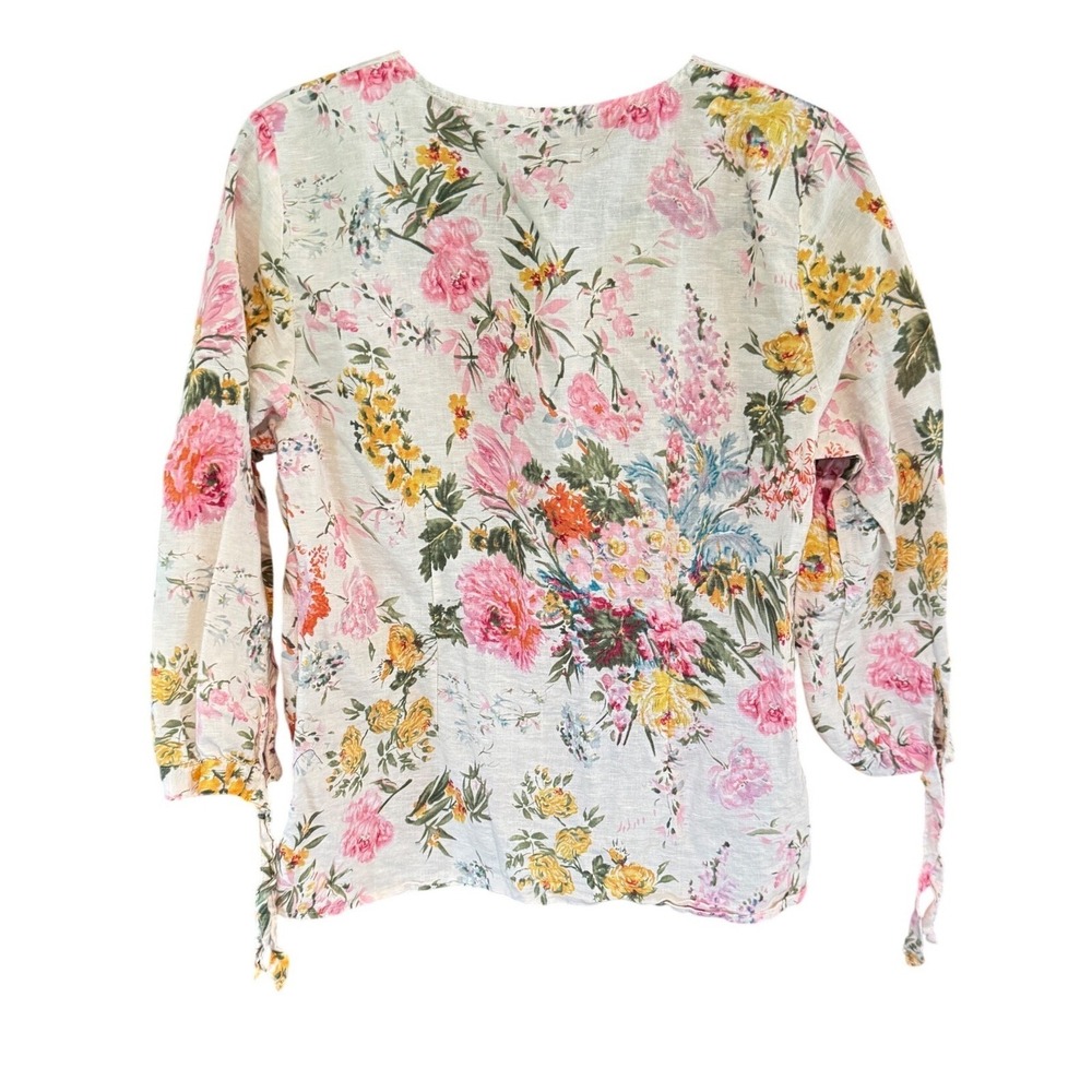 Hester & Orchard Linen Blend Floral Button Front Tie Sleeve Top L Pink Yellow - Picture 2 of 8